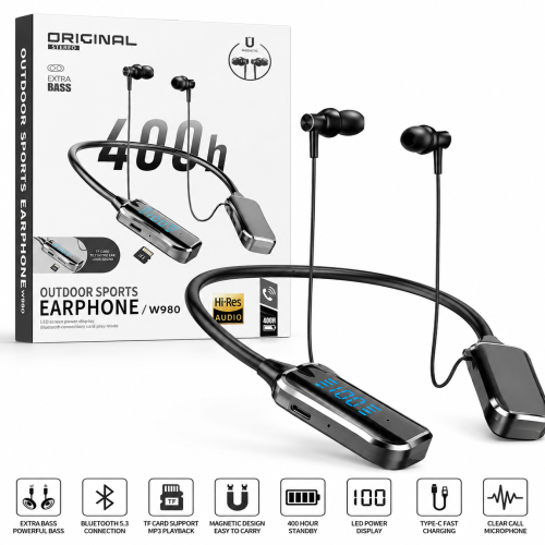 W980 Bluetooth Neckband Earphone with Extra Bass & TF Card Support