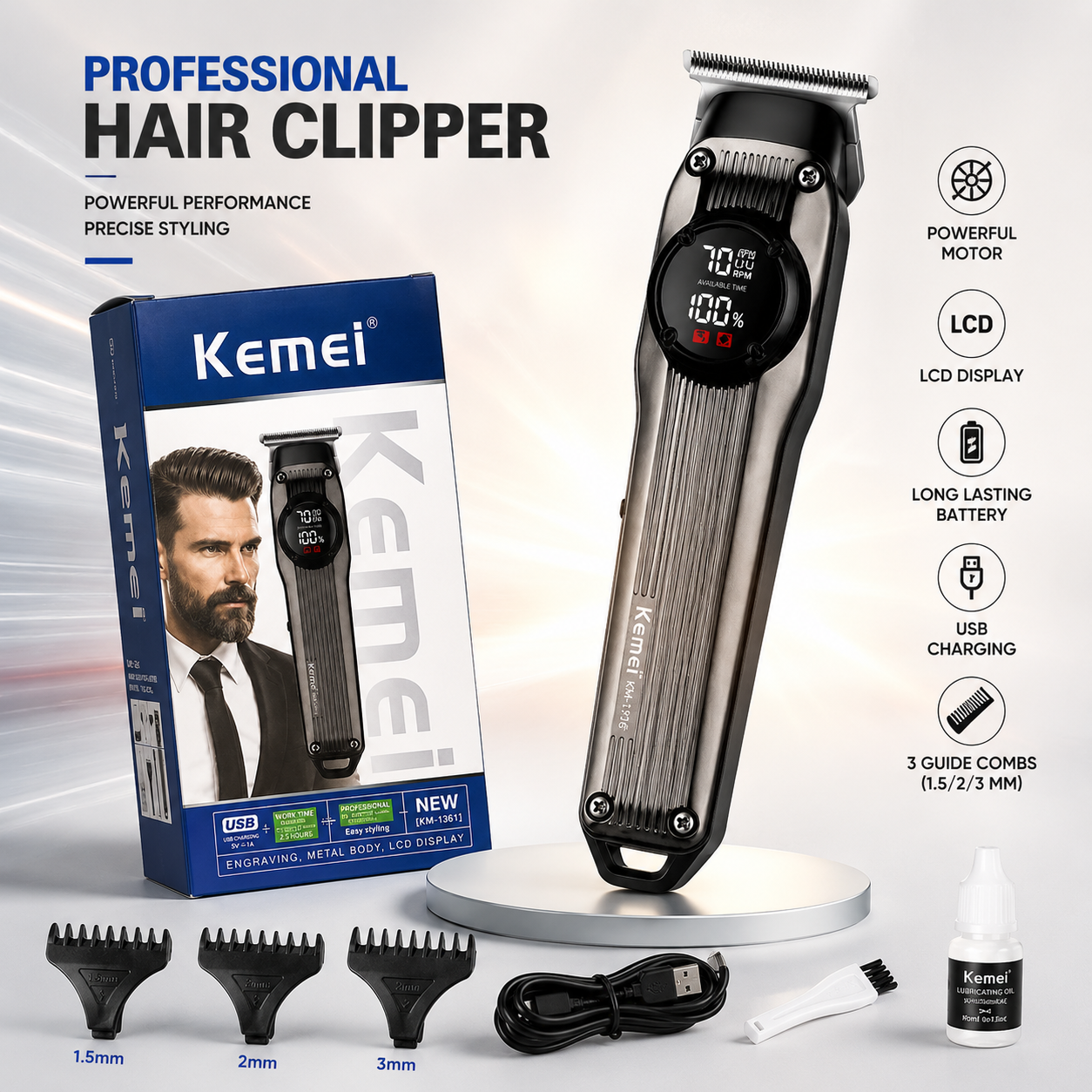 Original Kemei KM-1361 Professional Hair Clipper & Beard Trimmer – Premium Metal Body (Code: 13068)