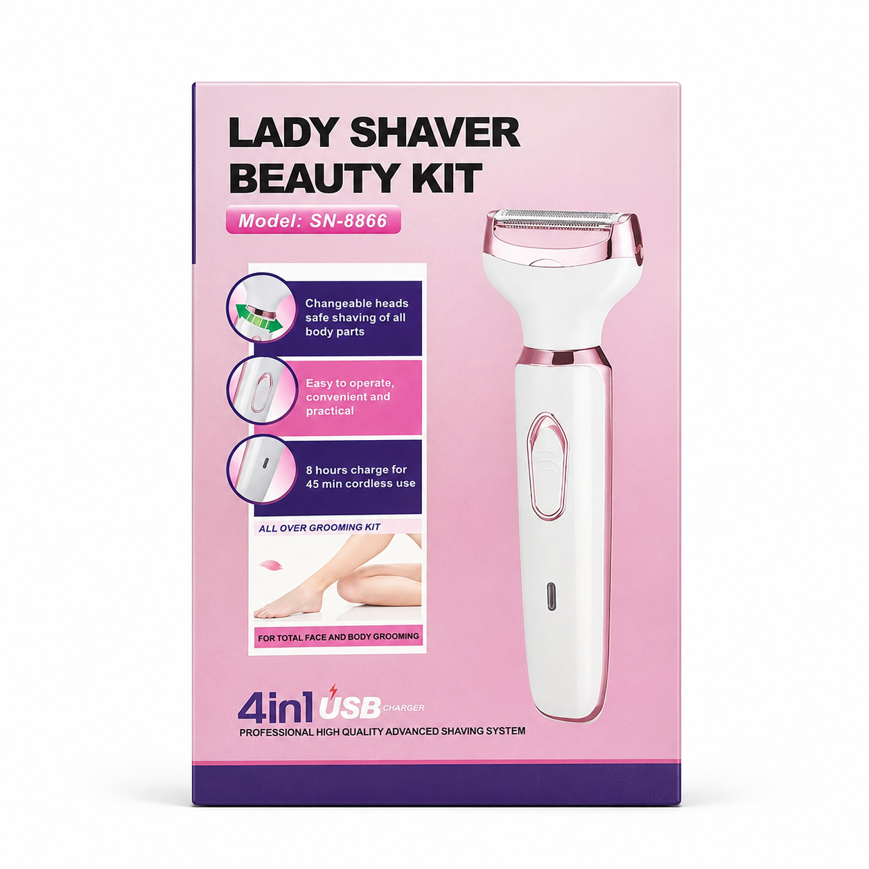 4-in-1 Rechargeable Lady Shaver & Hair Removal Beauty Kit – USB Electric Grooming Kit for Women (Code: 12759)